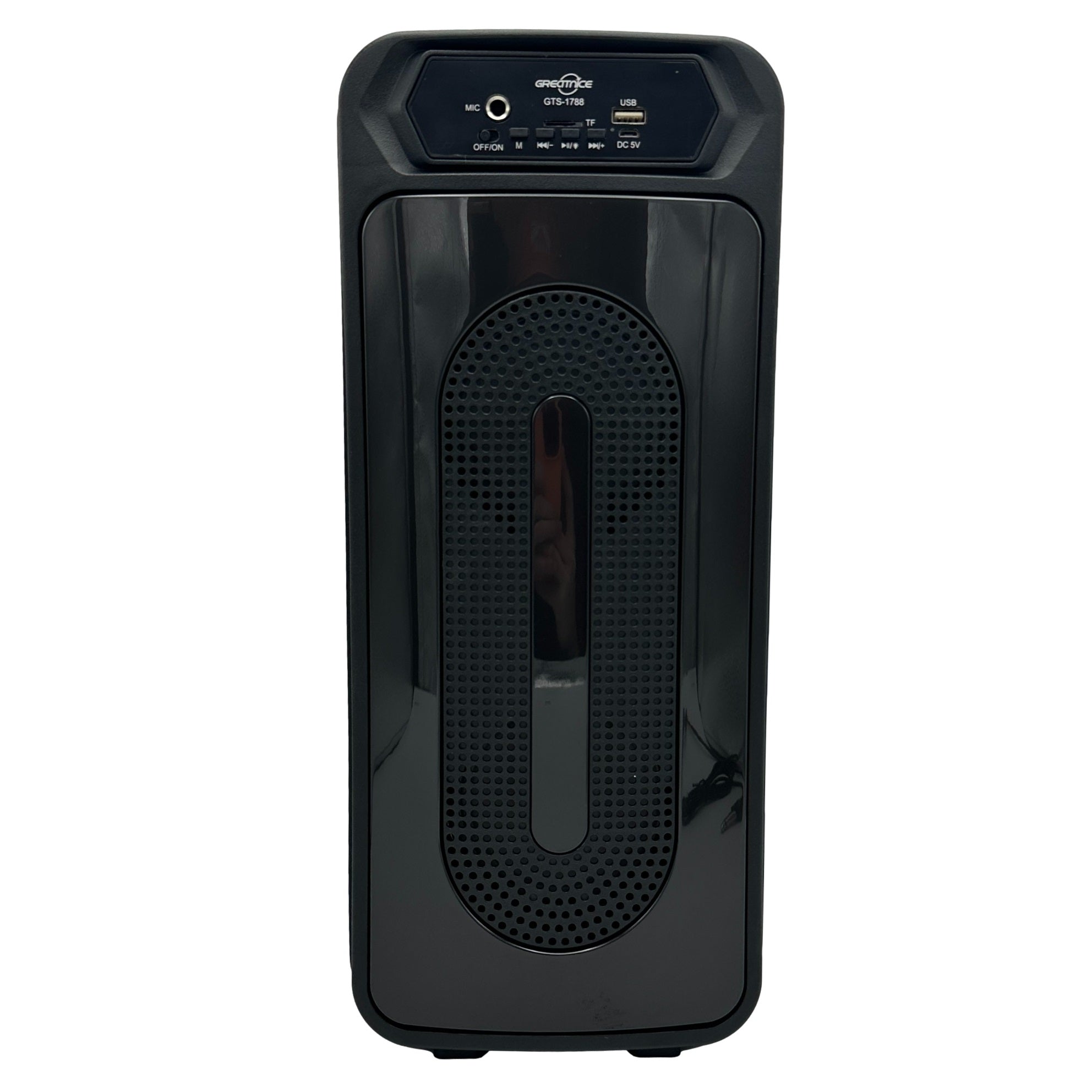 Black portable speaker with microphone input, USB and TF card slots.